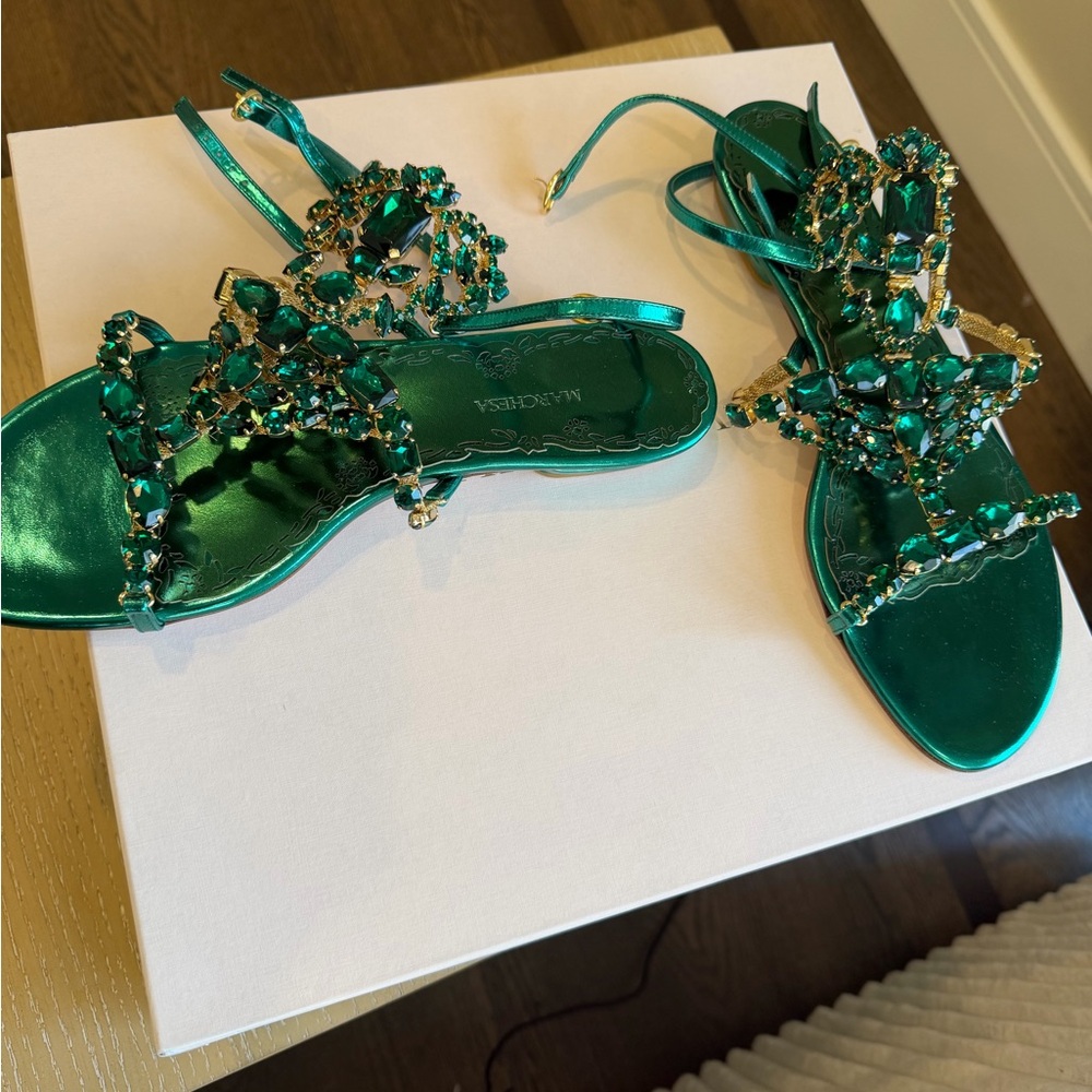 Marchesa Emerald Green Embellished Sandals - Picture 2 of 7